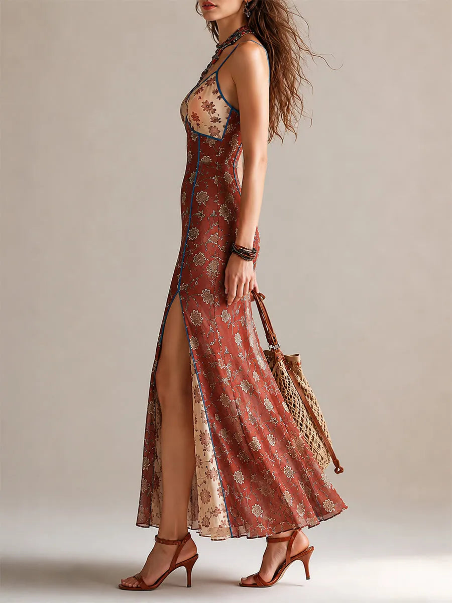Robe longue camisole sirène fendue en mousseline imprimée élégante