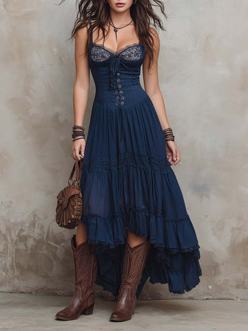 Vestido Midi Retrô de Chiffon Plissado com Corselete de Renda