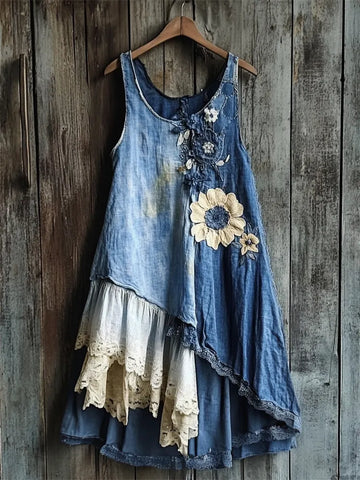 Vestido Regata com Patchwork de Renda e Jeans Florido