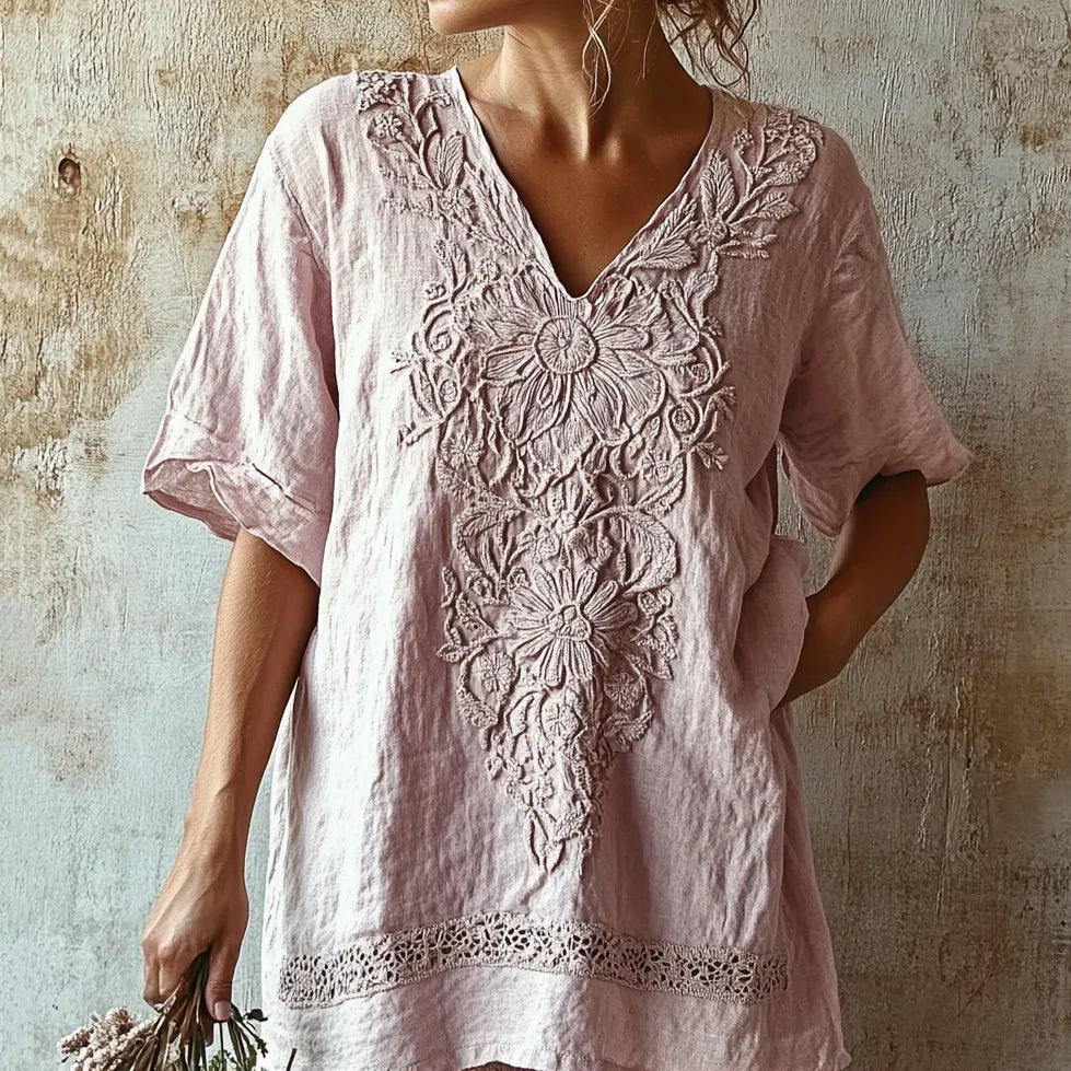 T-shirt confortable col en V motif floral dentelle vintage 987f