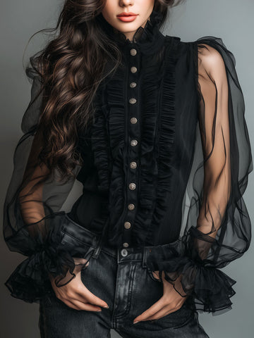 Blusa Preta Vintage de Organza Transparente de Gola Alta Com Acabamento em Babado