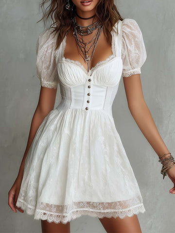 Mini Vestido Romântico Corset de Renda com Manga Bufante