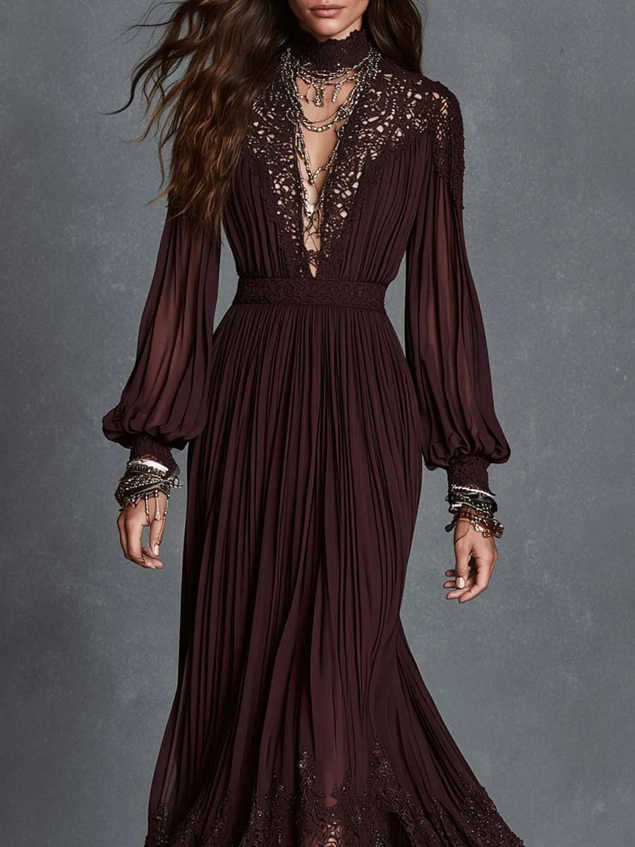 Robe midi bohème plissée à manches évêque, encolure en V profond et bordée de dentelle