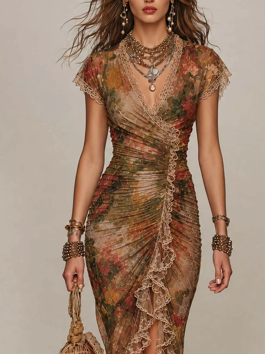 Vintage Floral Lace-Trimmed Mesh Midi Dress