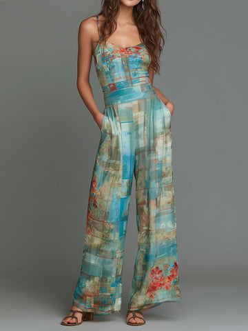 Tuta intera in chiffon stampato stile mosaico con gamba ampia, modello Boho Chic