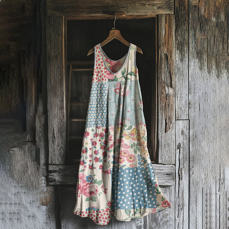 Vestido feminino vintage boêmio floral com retalhos 345f