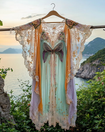 Vestido Contrastante de Renda com Babados para as Férias de Verão ba17