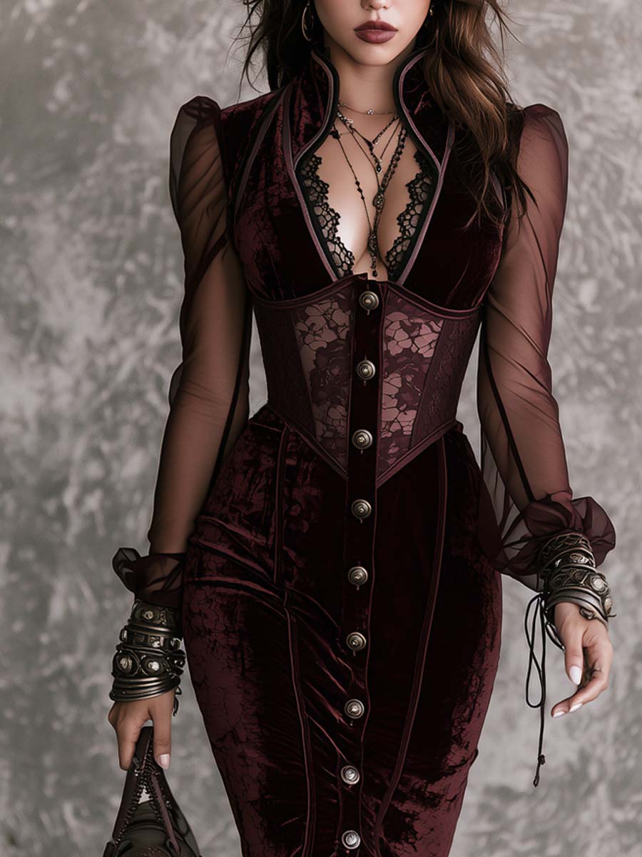 Vintage-style Lace Corset Waist Polyester Velvet Midi Dress
