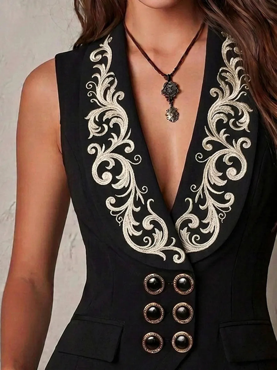 Gilet croisé avec broderie et revers châle noir rétro