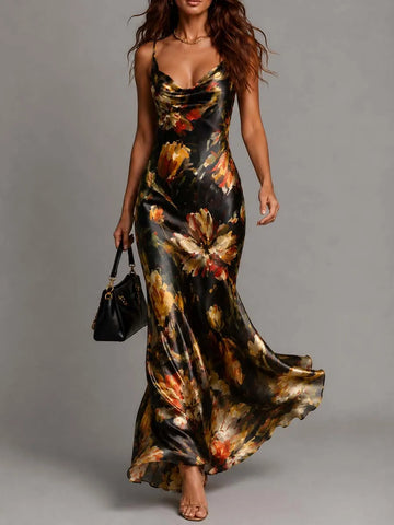 Vestido longo sereia de cetim com estampa floral e decote drapeado