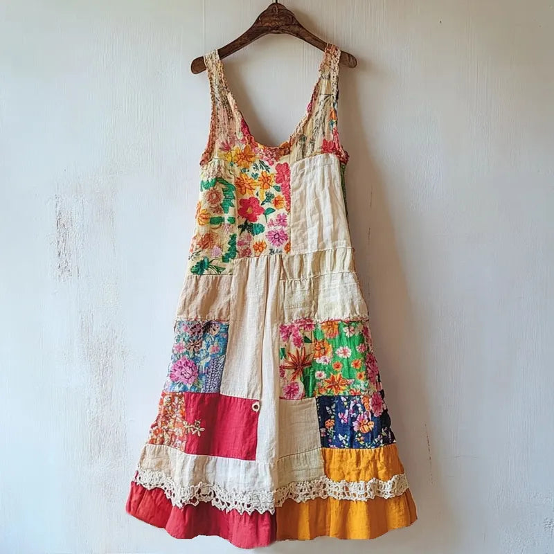 Vestido de Linho Estampado Floral Boêmio com Retalhos e79f
