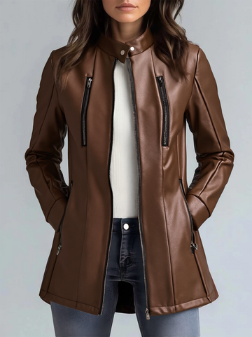 Veste vintage en similicuir à col montant pour femme