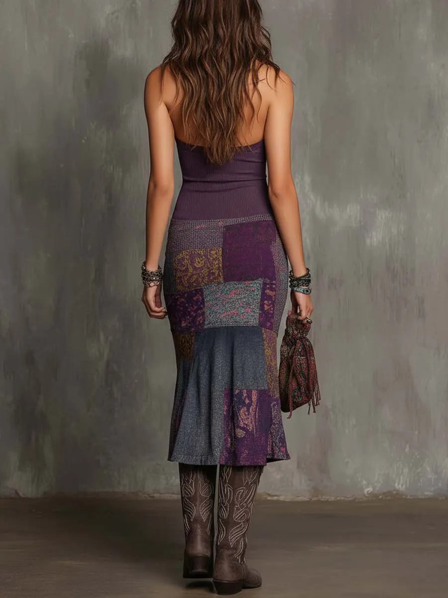 Retro Halter-Neck Knitted Floral Patchwork Midi Dress