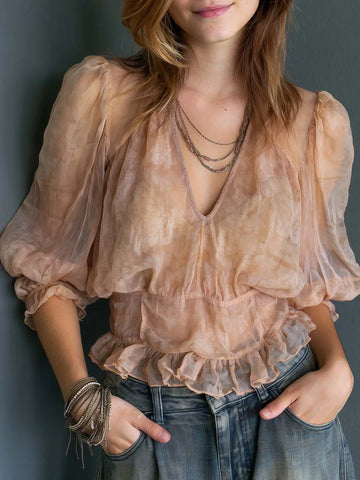 Boho Sheer Floral Deep V Puff Sleeve Ruffle Hem Blouse