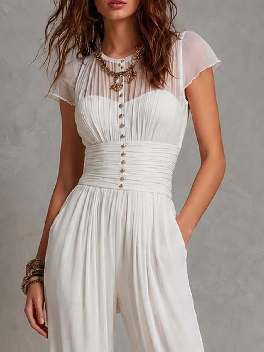 Macacão Branco de Malha com Mangas de Chiffon e Cintura Marcada