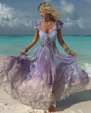 Vestido Bordado Floral Com Renda Gradiente Frisada Para Férias De Verão cf71