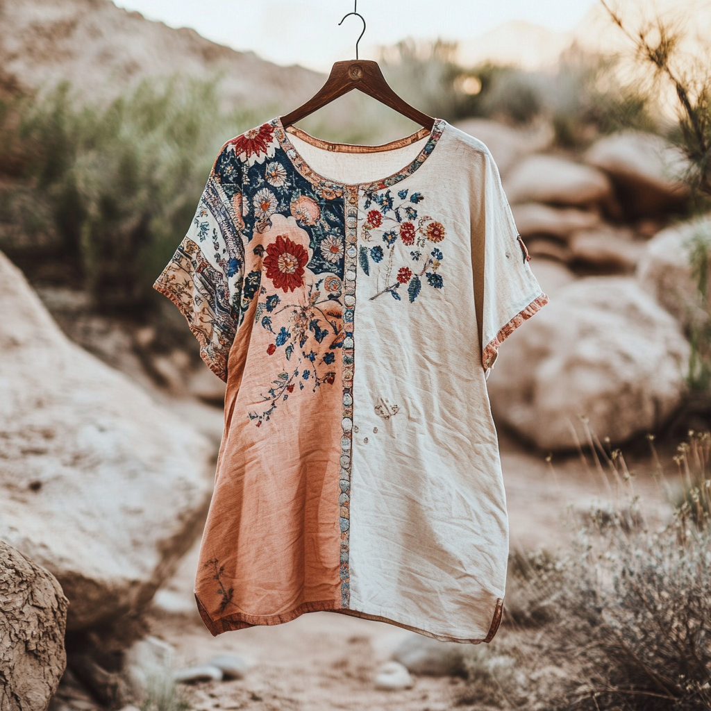 Camisa Feminina Vintage de Algodão e Linho com Costura Floral Tribal 473e