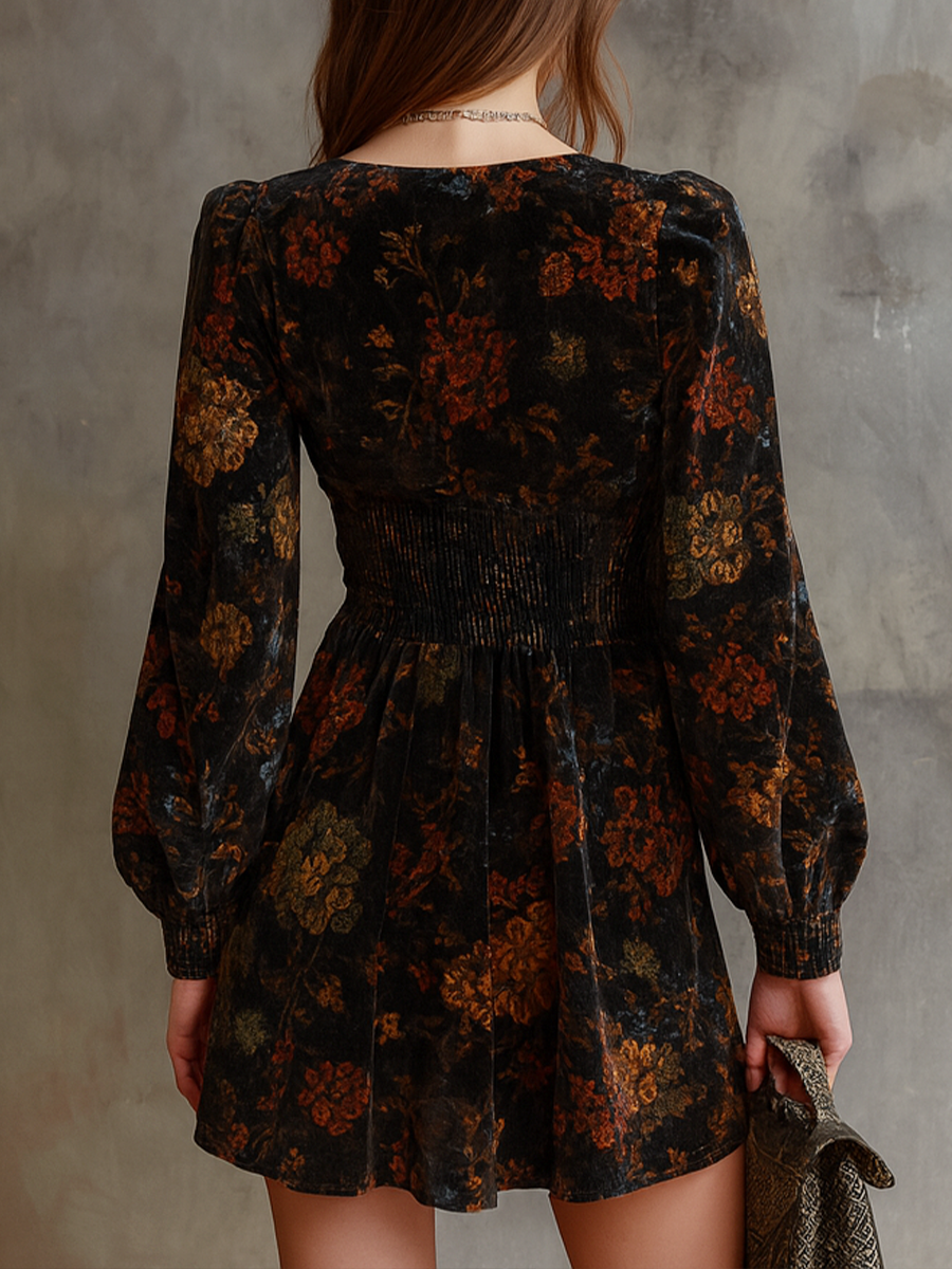 Mini-robe en velours plissée à imprimé floral rétro