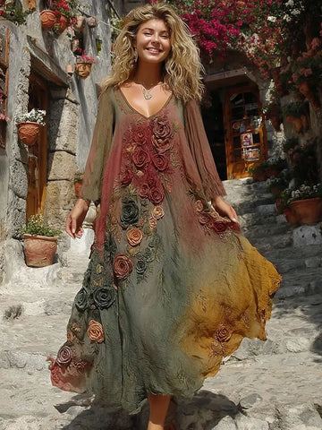 Vestido Longo Decote V De Linho Estampado Degradê Floral E Rosa Vintage Coleção Sunset