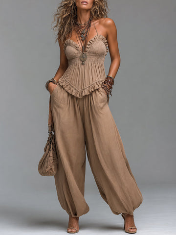 Conjunto de Blusa com Franzido na Cintura e Calça Balão com Babados Retrô