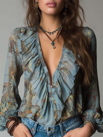 Blouse en mousseline imprimée à volants et fermeture éclair sur le devant – Bleu brume, motif serpent et fleurs