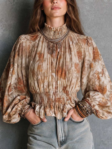 Blusa Floral Boho com Cintura Franzida e Manga Bufante