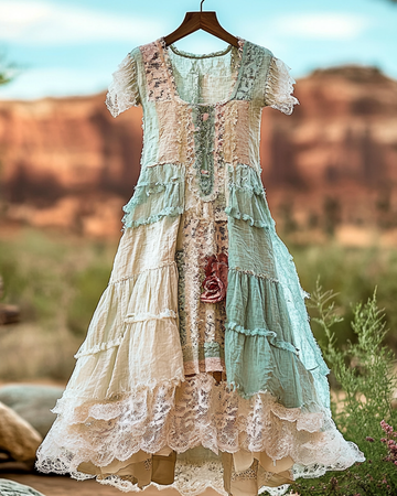 Vestido de verão vintage com patchwork de renda irregular 3027