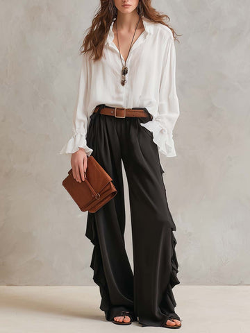 Conjunto de Duas Peças de Calça e Camisa de Chiffon com Babados Retrô