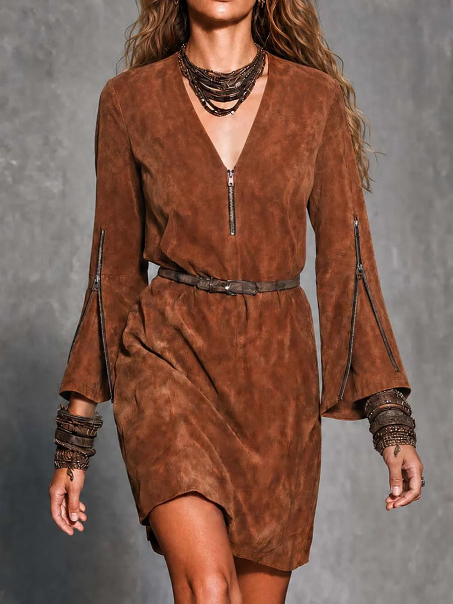 Robe courte à ceinture, style bohème marron, col en V zippé et manches cloche