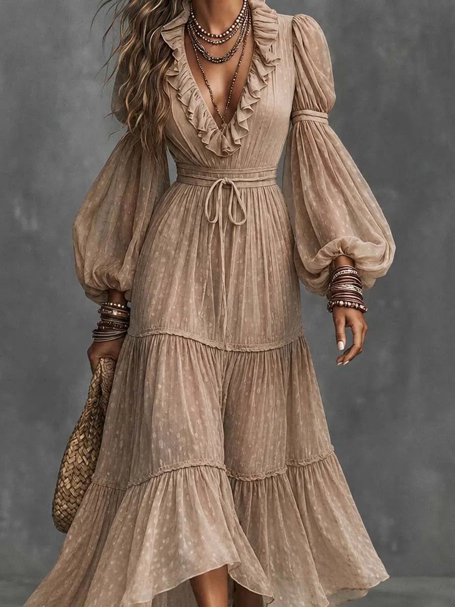 Robe longue bohème à volants étagés, décolleté plongeant et manches ballon