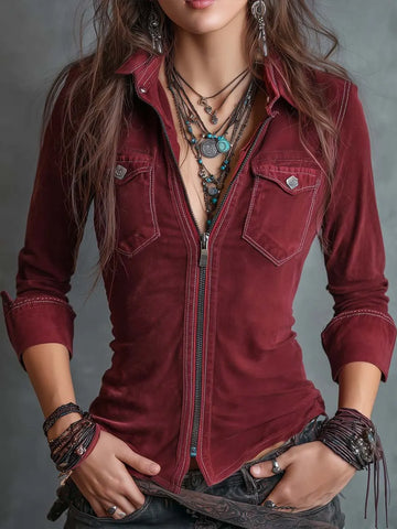 Camicia di jeans vintage con colletto a zip, tasca con patta ed effetto distressed
