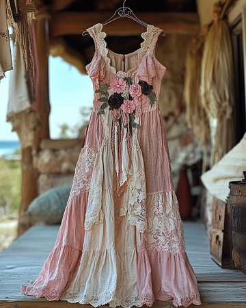 Robe d'été à volants et dentelle patchwork f759