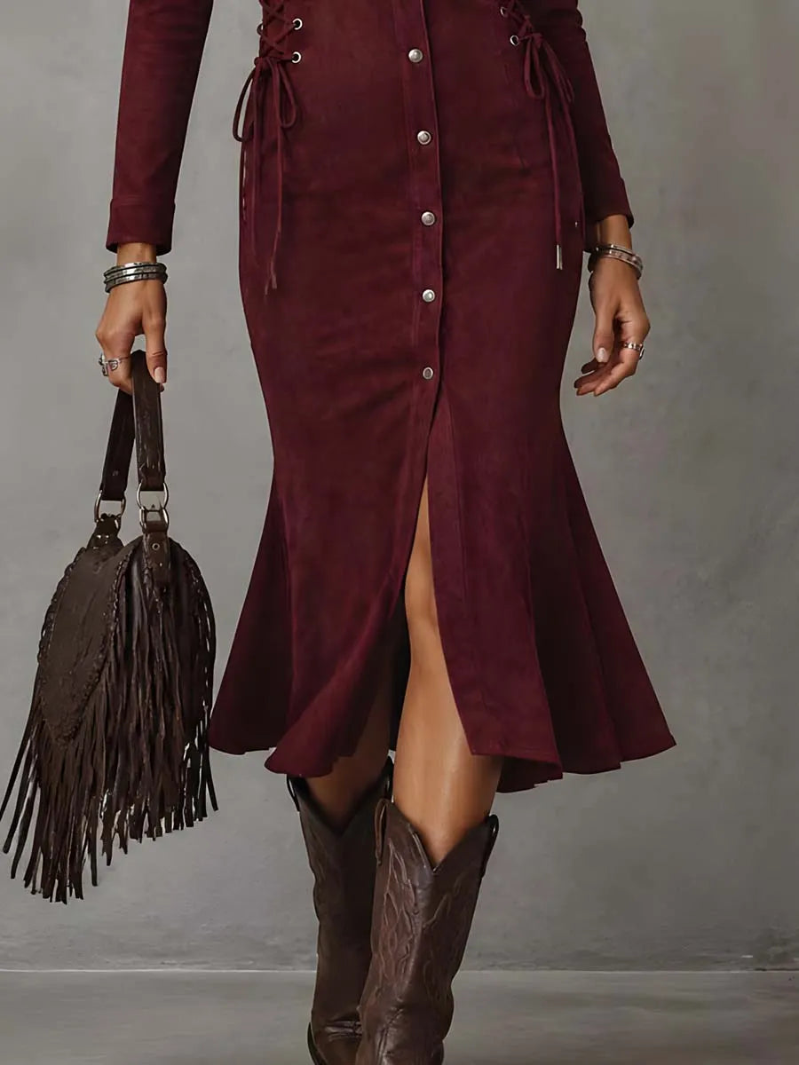 Robe midi en suédine polyester style vintage à détails lacés