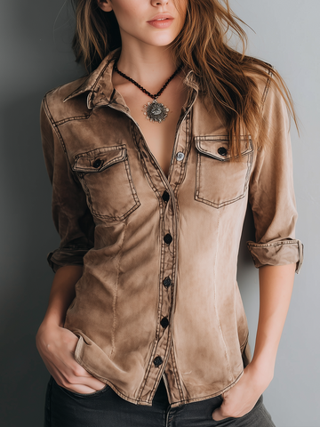 Blouse rétro avec surpiqûres contrastantes et effet délavé