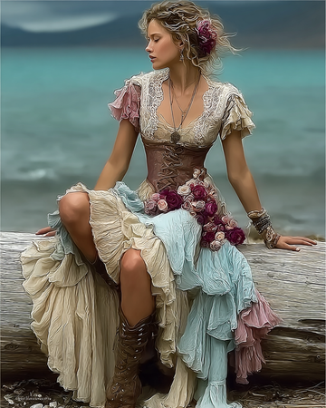 Vestido Confortável de Verão Floral Bordado em Renda com Patchwork 9a8f