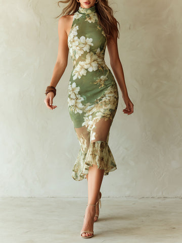 Vestido Midi Boho Romântico Floral Oliva Transparente de Malha com Decote Halter e Barra Franzida