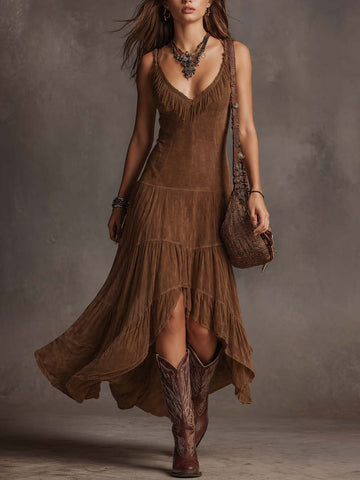 Robe midi en suède léger à col frangé rétro