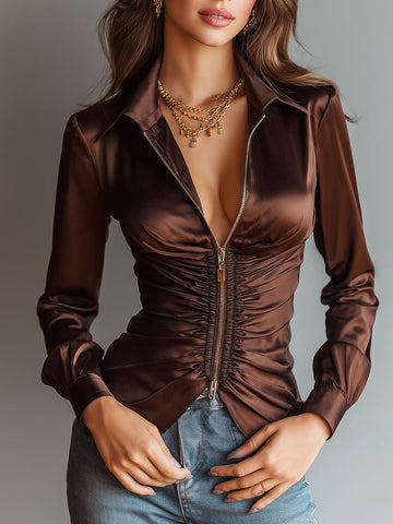 Chemisier Zippé Froncé en Satin Luxe Mocha