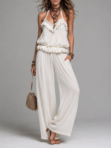 Conjunto de Top Retrô com Babados e Calça Pantalona de Chiffon Amassado
