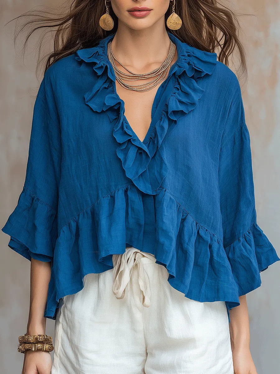 Soft Ruffled V-Neck Bohemian-Style Cotton And Linen Shirt And Basic White Shorts