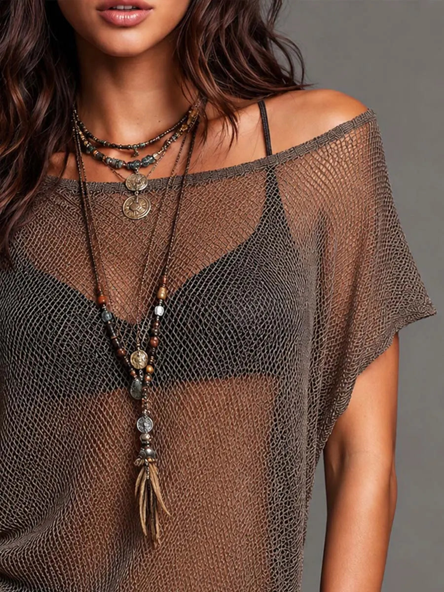 Top a tunica vintage bohémien marrone in maglia a rete a spalla scoperta, arricciato e asimmetrico