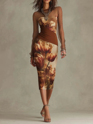 Robe midi moulante en maille à pois, imprimé floral tulipe vintage, manches longues et taille froncée