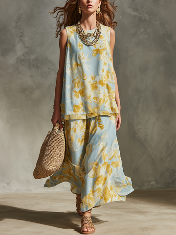 Vestido Duas Peças Leve E Fluido Estilo Férias Estampado