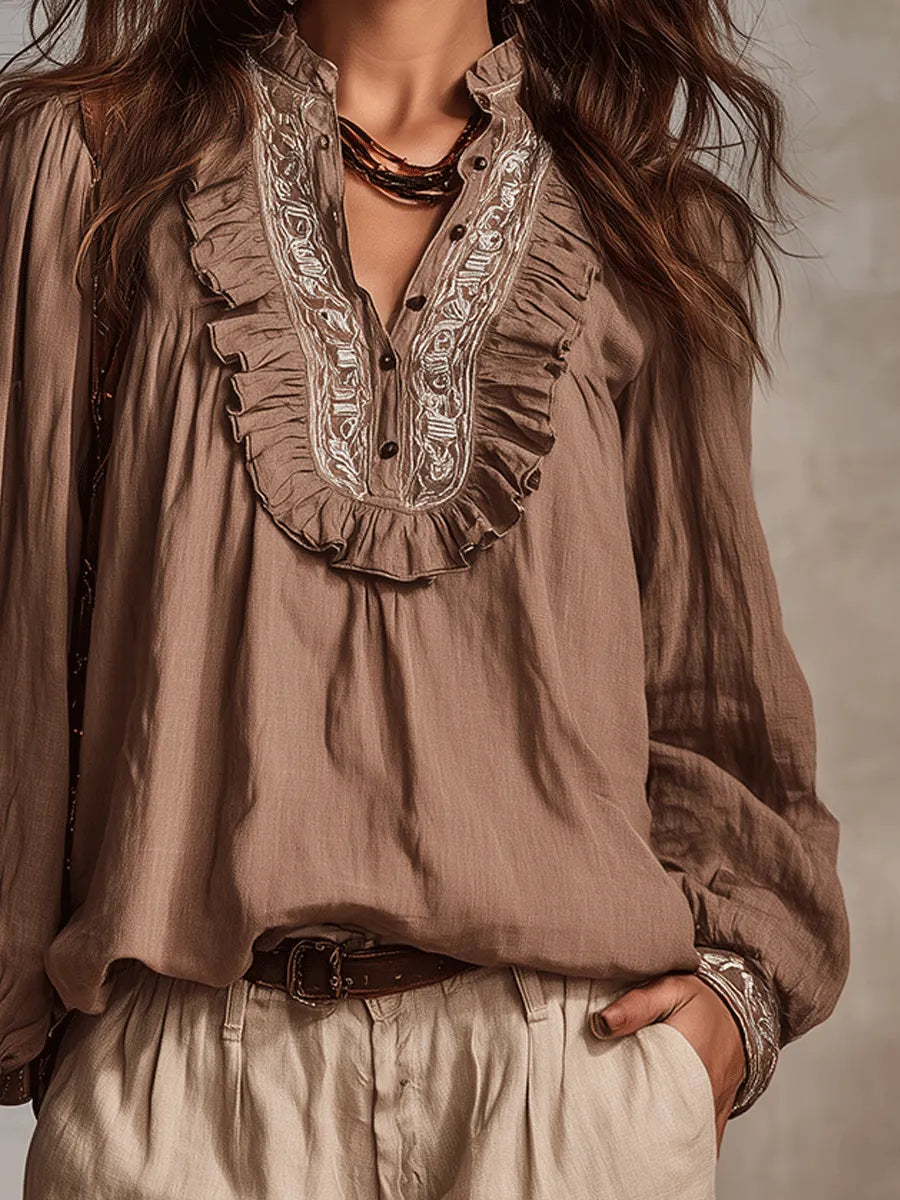 Refined Ruffle-Trim Embroidered Blouse Relaxed Linen Blend Tailored Shorts