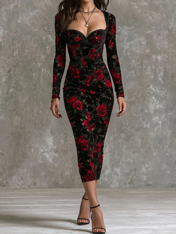 Vestido Midi de Manga Comprida com Bustiê de Veludo Floral Vintage