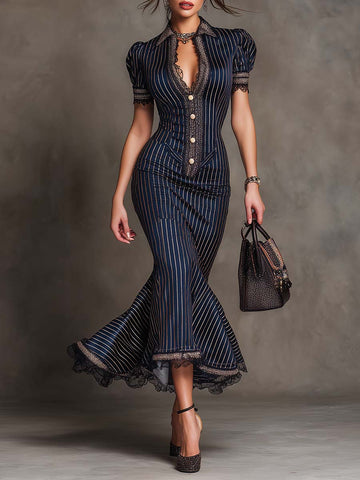 Robe midi élégante vintage à rayures avec dentelle