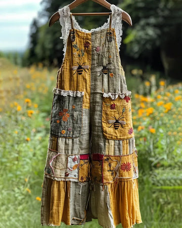 Macacão Bordado Floral Abelha Retalhos de Verão 6fe9