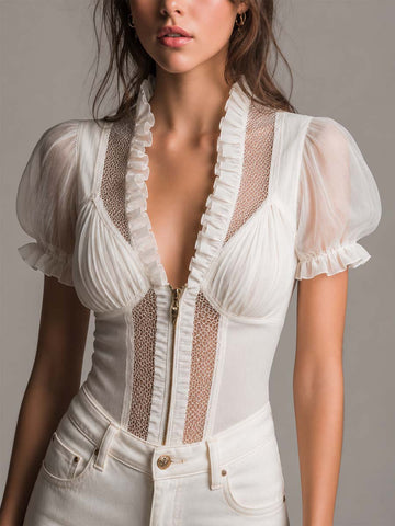 Blusa Corpete Branca de Algodão e Chiffon com Babados