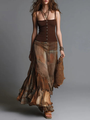 Conjunto de Camisete Canelado Estilo Boho e Saia Maxi com Painel Xadrez