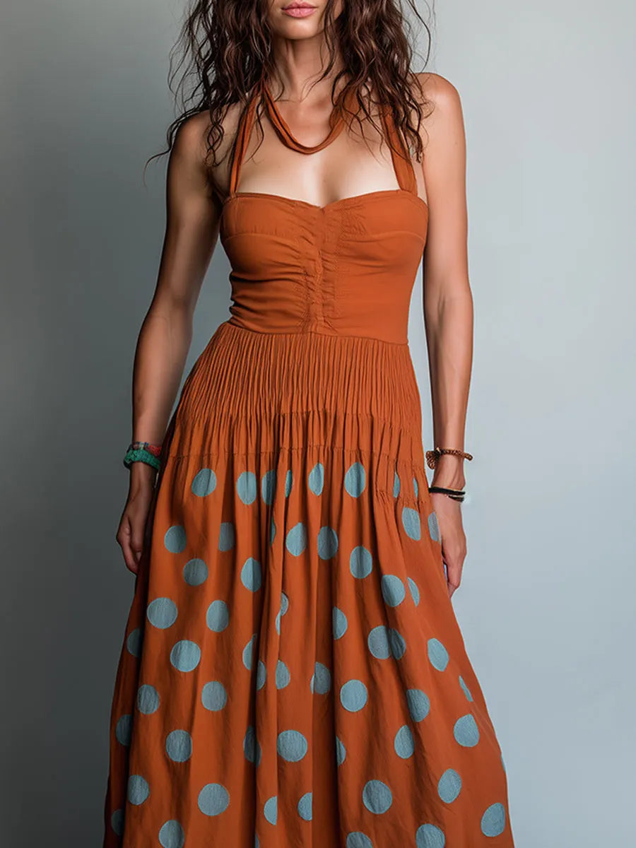 Retro Polka-Dot Print A-Line Maxi Dress With Lace Trim